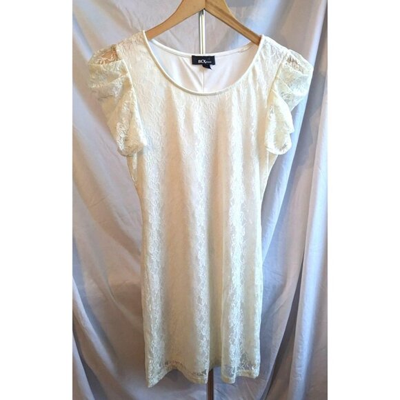 BCX DRESS Ivory Lace Sheath Bodycon Mini Dress w/ Short Puff Sleeves Size M - Picture 1 of 7